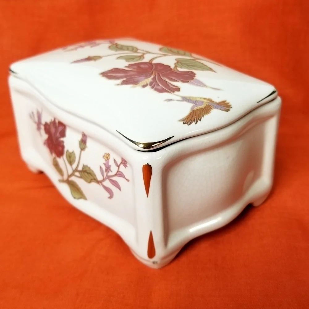 Vintage Colibri Porcelain White Floral Trinket Box, Jewelry Organization Box